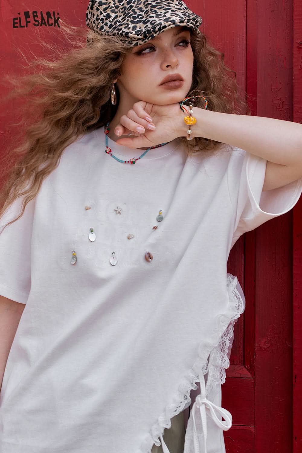 ELFSACK White Lace Patchwork Casual Short Sleeve T-Shirt