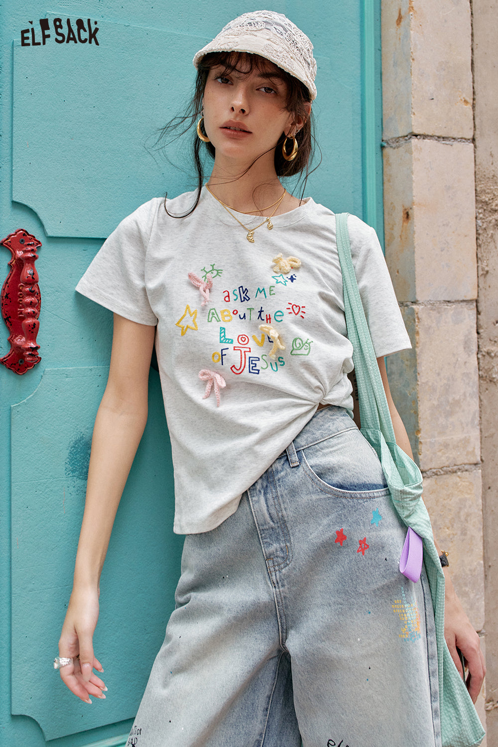 ELFSACK White Round Neck Letter Printed Casual Short Sleeve T-Shirt
