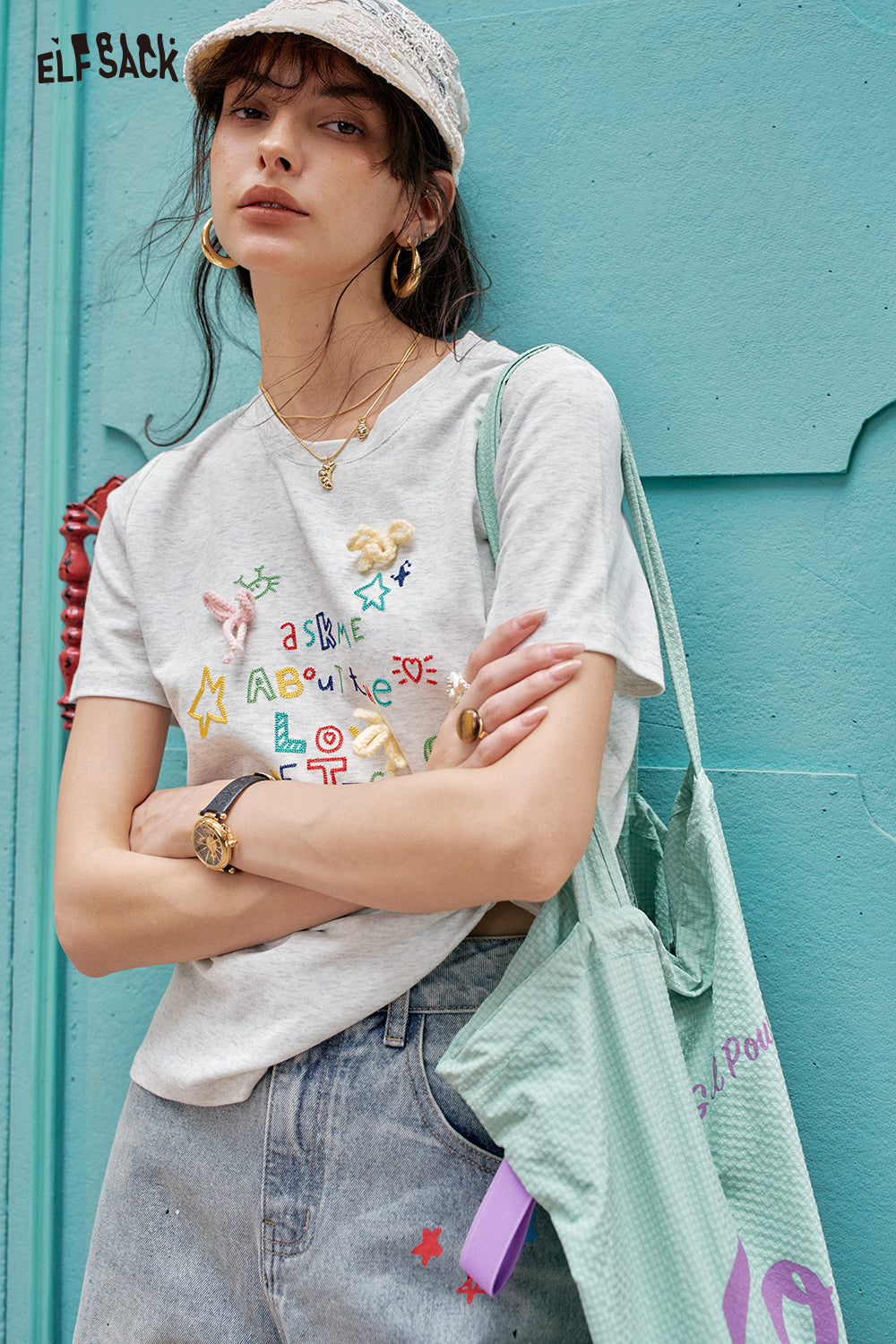 ELFSACK White Round Neck Letter Printed Casual Short Sleeve T-Shirt