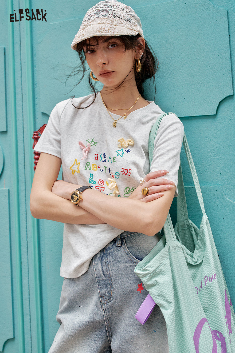 ELFSACK White Round Neck Letter Printed Casual Short Sleeve T-Shirt