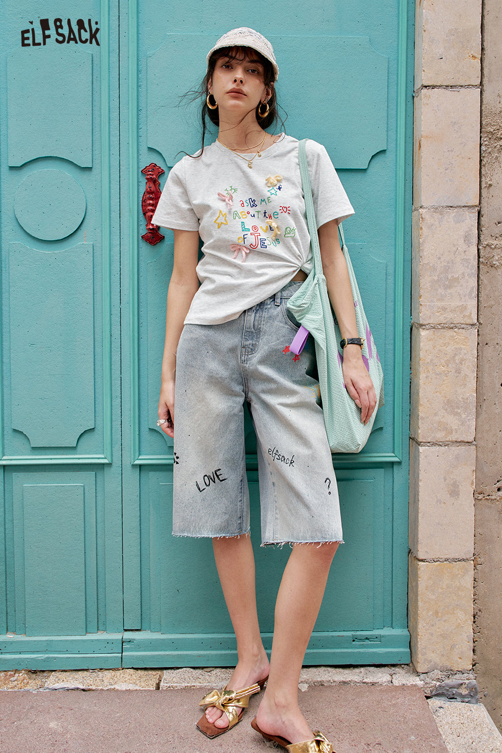 ELFSACK White Round Neck Letter Printed Casual Short Sleeve T-Shirt