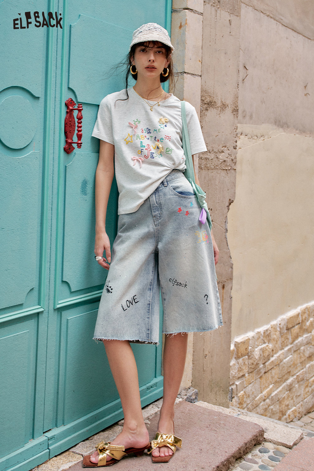 ELFSACK White Round Neck Letter Printed Casual Short Sleeve T-Shirt
