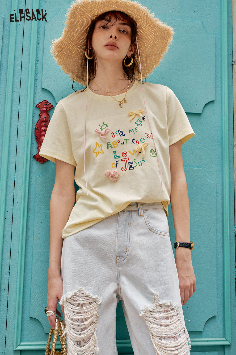 ELFSACK White Round Neck Letter Printed Casual Short Sleeve T-Shirt