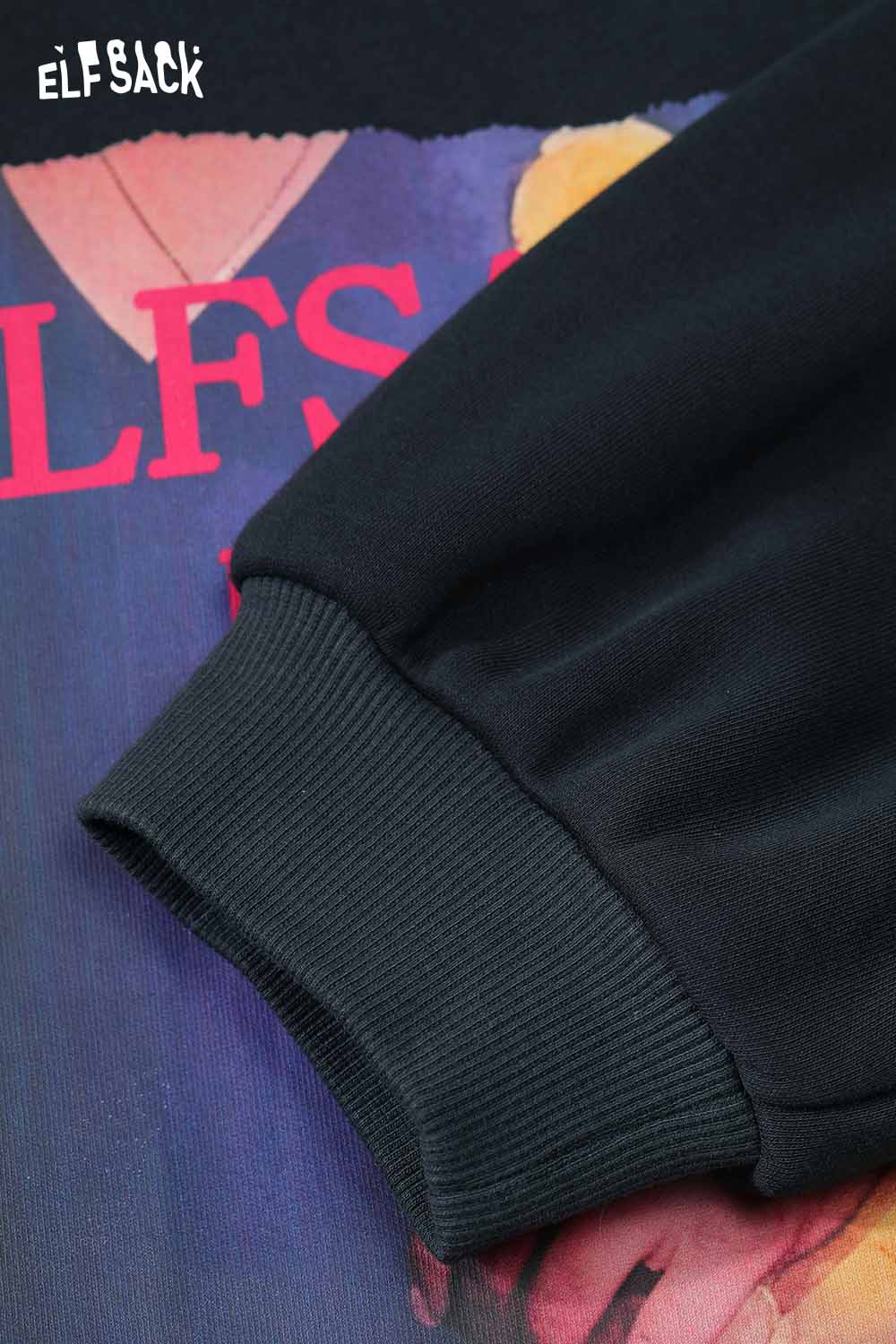 Close-up of ELFSACK women's animal graphic hoodie showing unique sleeve design and colorful artwork
