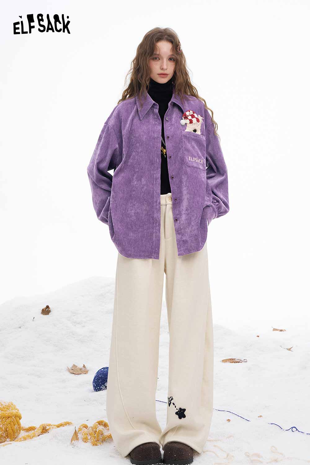 ELFSACK women's animal graphic shirt in purple featuring playful animal embroidery for a trendy look