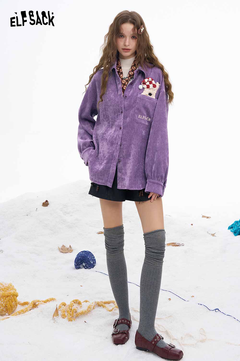 ELFSACK women's animal graphic shirt in purple with unique patch design and relaxed fit