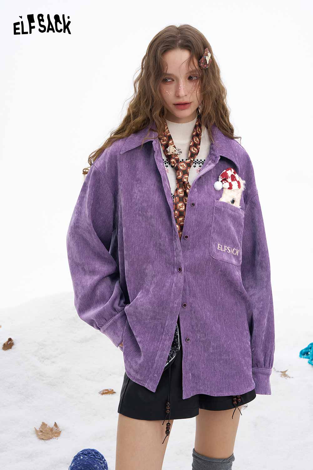 ELFSACK women's animal graphic shirt in purple with a playful design and relaxed fit for casual wear.