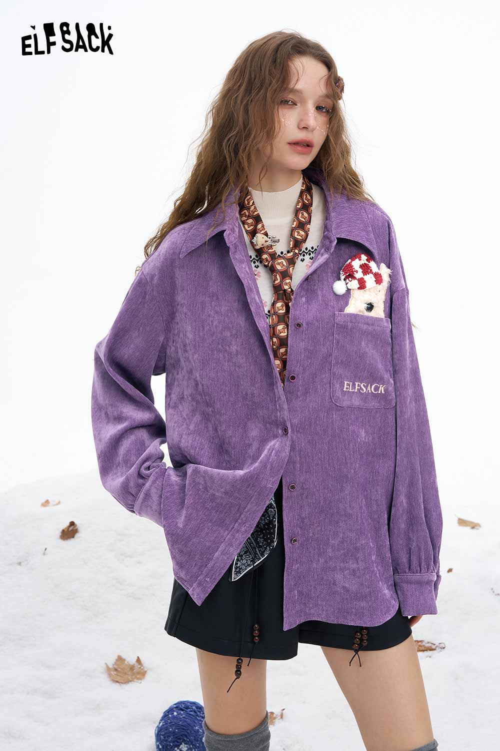 ELFSACK women's animal graphic shirt in purple with unique pocket design for a trendy look