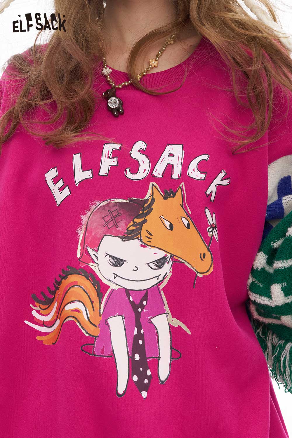 ELFSACK women's graphic patchwork sweatshirt in vibrant pink with playful cartoon design
