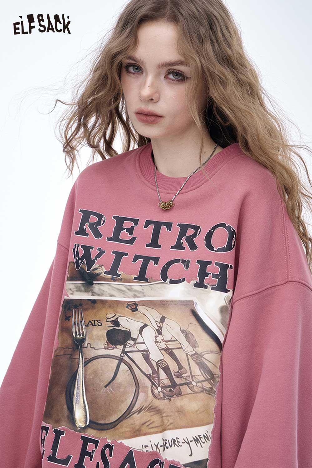 ELFSACK women's letter graphic sweatshirt in pink featuring retro design and oversized fit