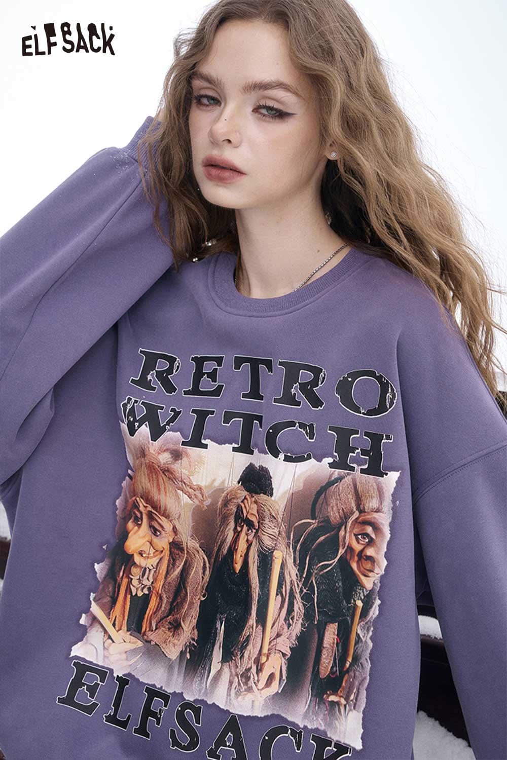 Women's letter graphic sweatshirt from ELFSACK in purple with retro witch design