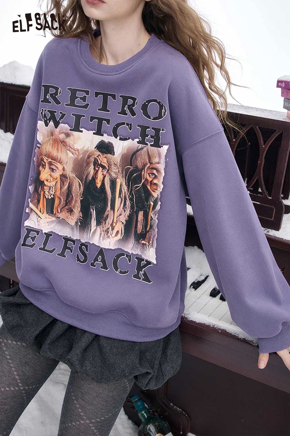 ELFSACK women's letter graphic sweatshirt featuring a retro witch design in purple color