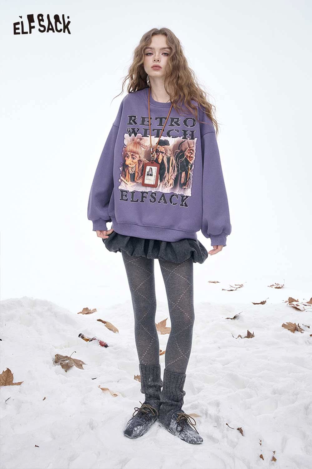 Women's letter graphic sweatshirt in purple with retro print design by ELFSACK for casual wear