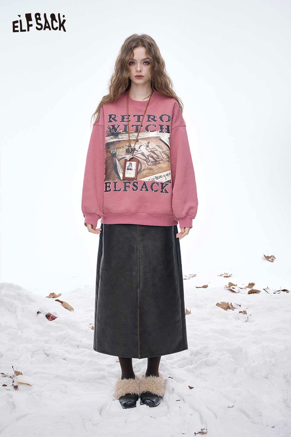 ELFSACK women's letter graphic sweatshirt in pink with retro design and relaxed fit