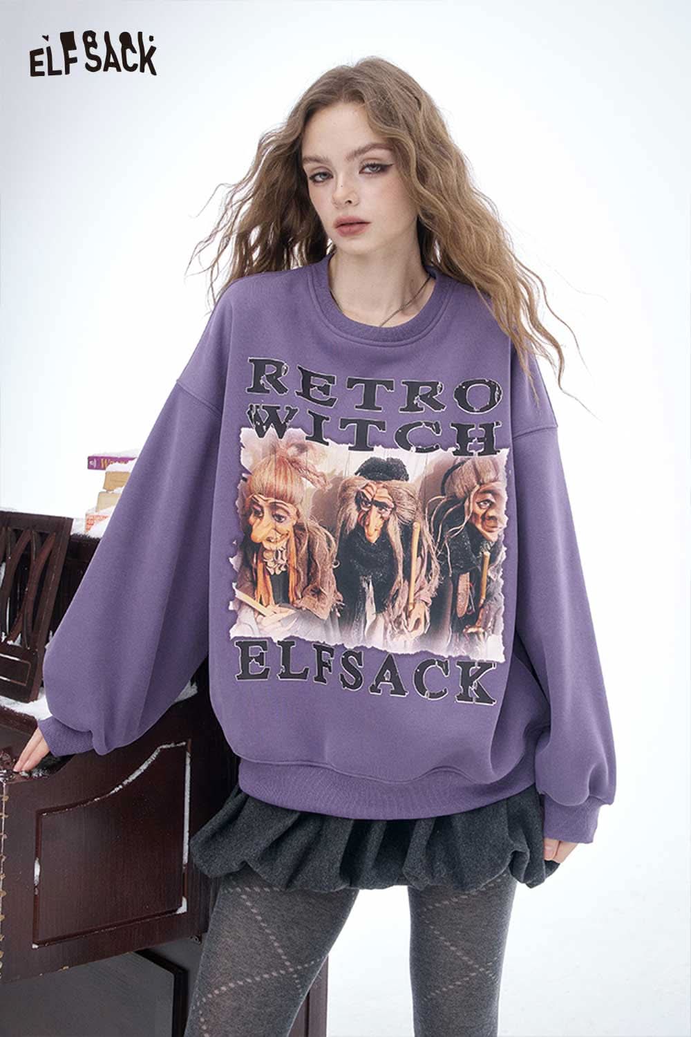ELFSACK women's letter graphic sweatshirt in purple featuring a retro witch design