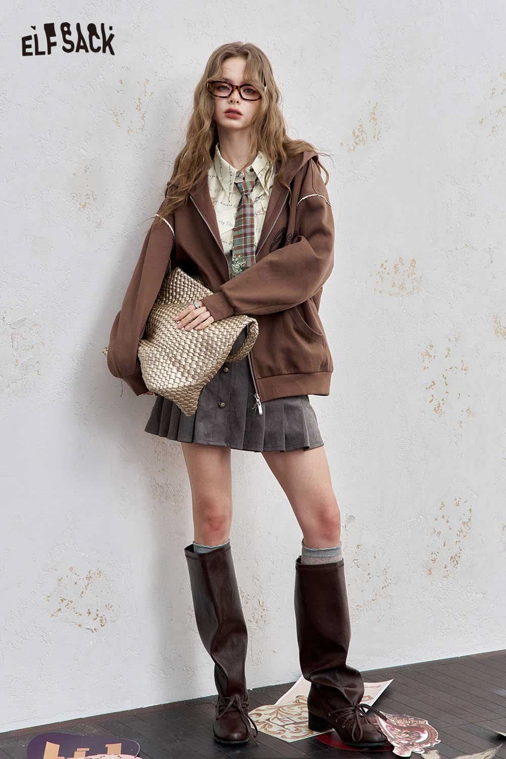 ELFSACK women's printed shoulder shirt styled with a brown hoodie and plaid skirt for a trendy look
