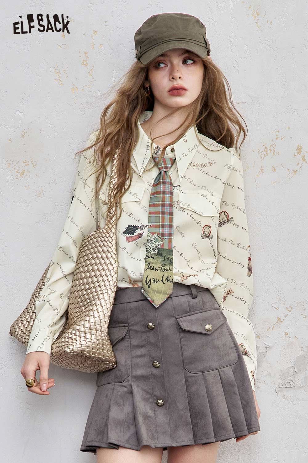 ELFSACK women's printed shoulder shirt featuring unique patterns and a stylish tie for fashionable looks