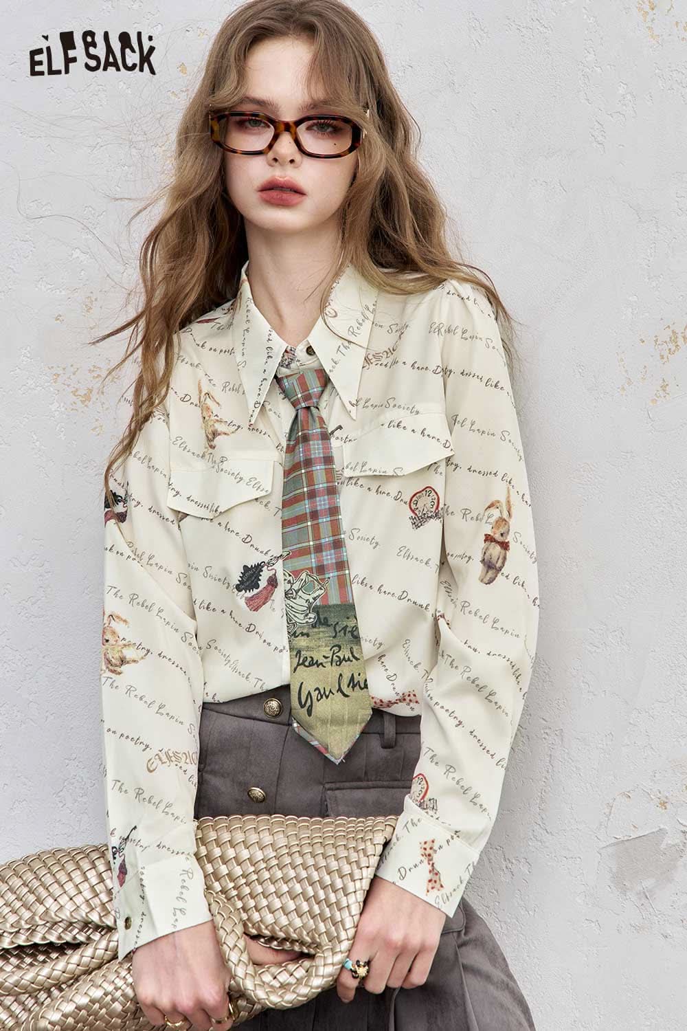 ELFSACK women's printed shoulder shirt featuring a unique pattern with a tie detail for stylish outfits