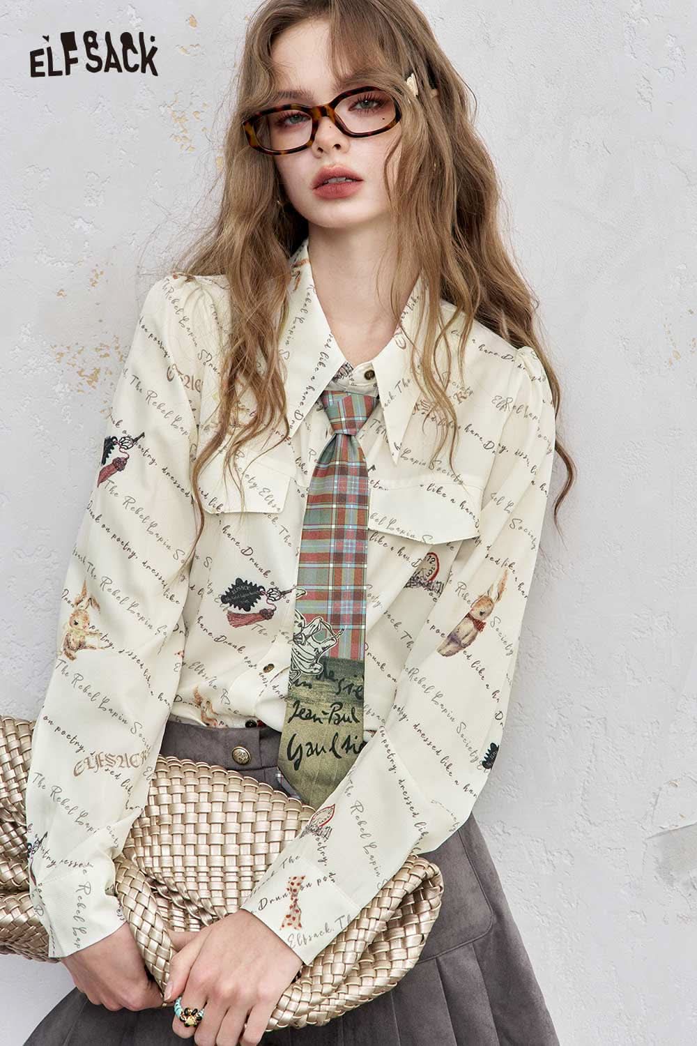 ELFSACK women's printed shoulder shirt featuring a unique design and stylish tie for a chic look