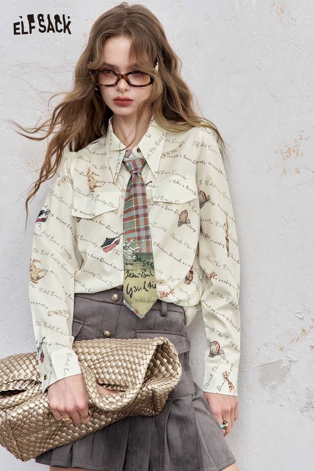 ELFSACK women's printed shoulder shirt with unique pattern and tie detail for stylish casual wear