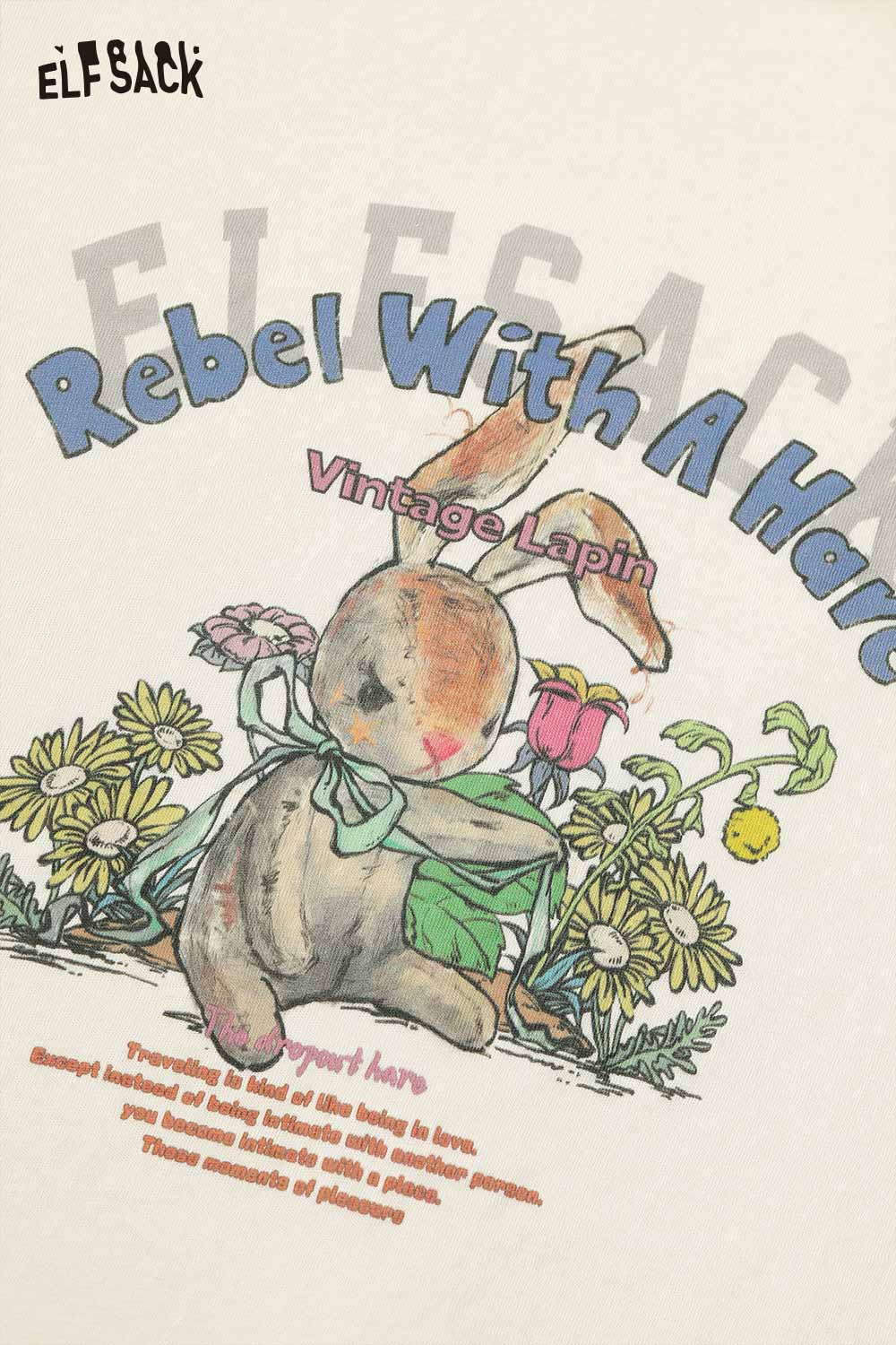 ELFSACK women's raglan sleeve graphic tee featuring a vintage rabbit design with colorful flowers