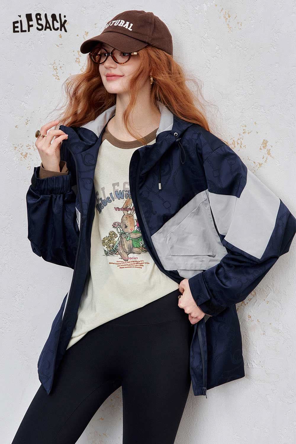 ELFSACK women's raglan sleeve graphic tee paired with a stylish jacket for a casual look
