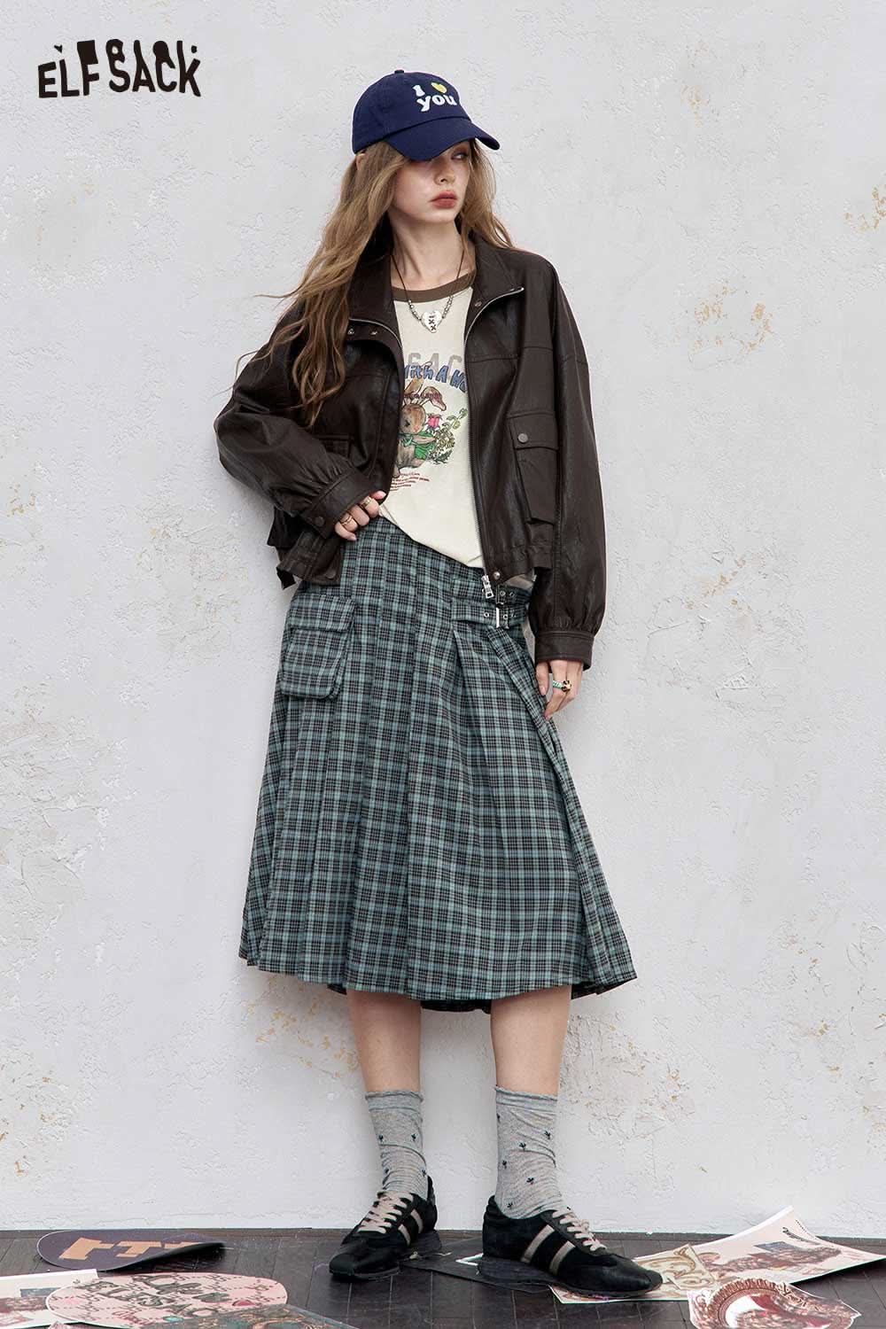 ELFSACK women's raglan sleeve graphic tee paired with a stylish plaid skirt and jacket