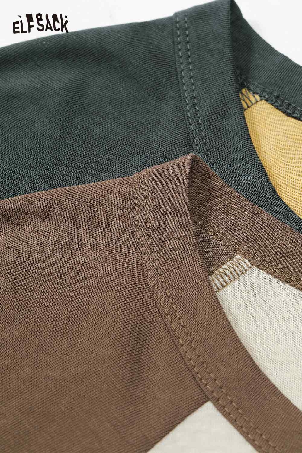 ELFSACK women's raglan sleeve graphic tee close-up of neckline and sleeve designs