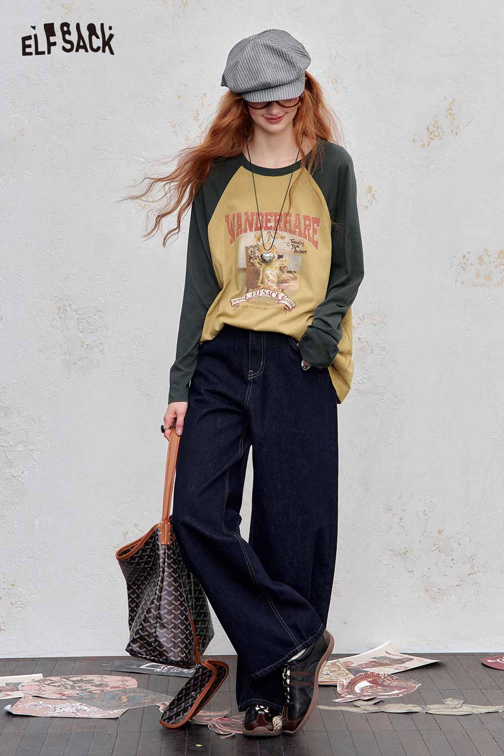 ELFSACK women's raglan sleeve graphic tee in yellow and green with vintage print paired with wide-leg jeans
