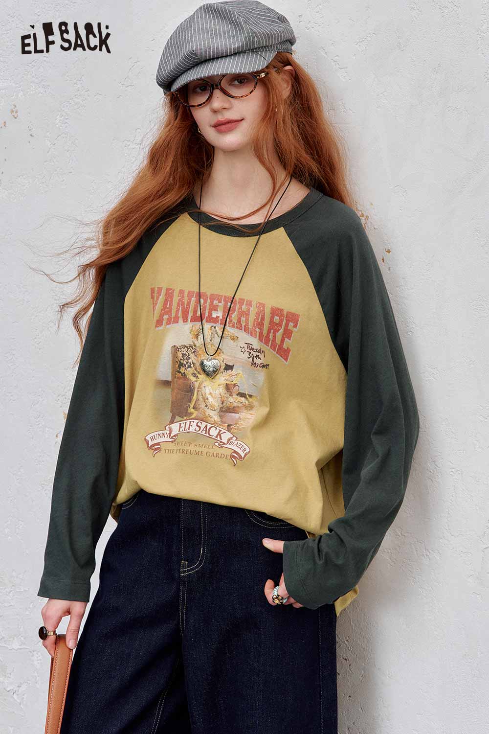 ELFSACK women's raglan sleeve graphic tee in yellow and green with vintage print design
