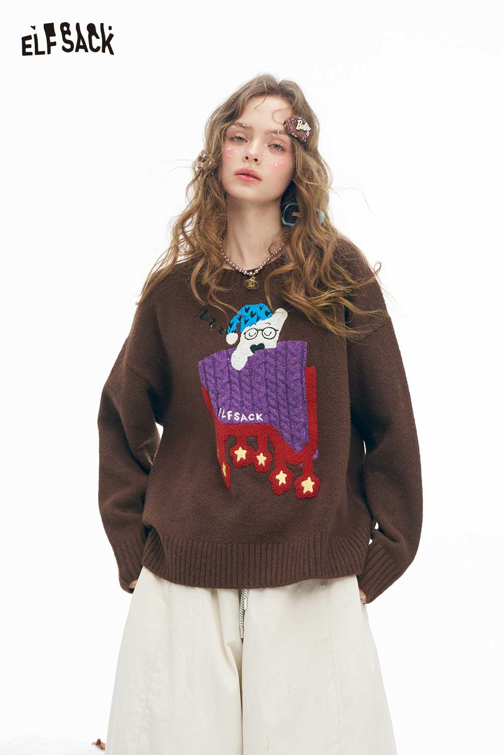 ELFSACK women's sleeping dog graphic sweater in brown with colorful design for cozy comfort