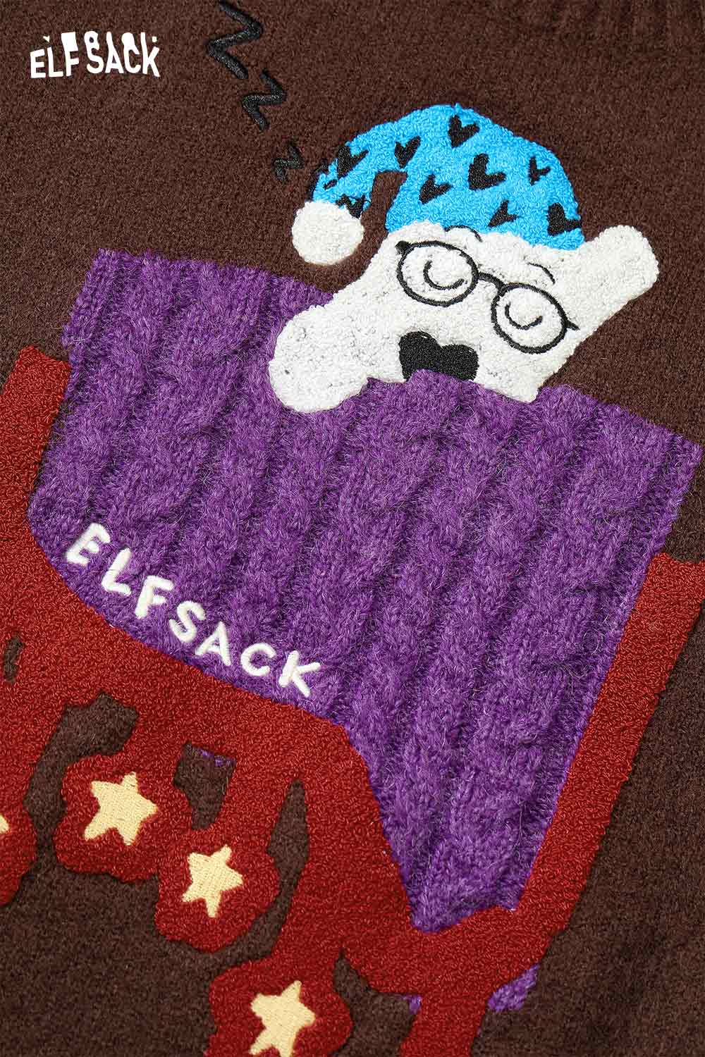 ELFSACK women's sleeping dog graphic sweater featuring a cute dog in a colorful sweater