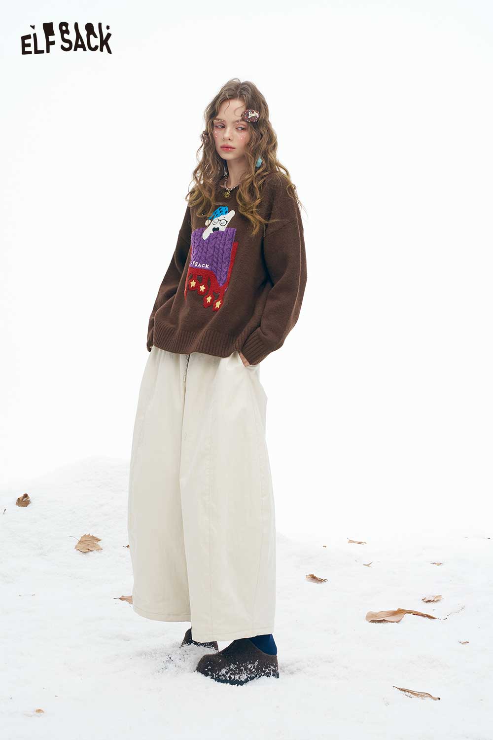 ELFSACK women's sleeping dog graphic sweater in brown with colorful design for cozy comfort
