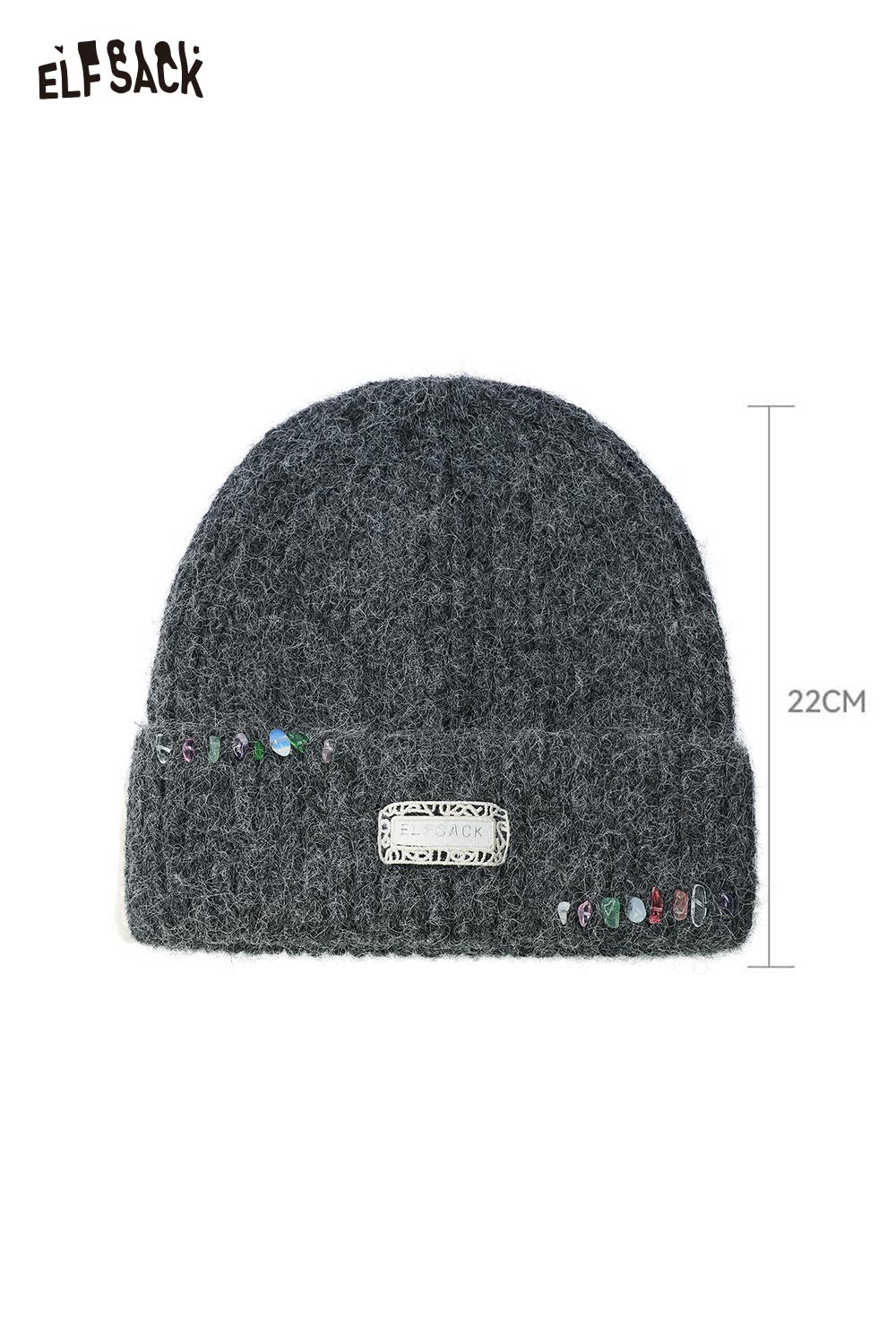 ELFSACK women's solid color beanie in gray with decorative embellishments and a 22 cm height