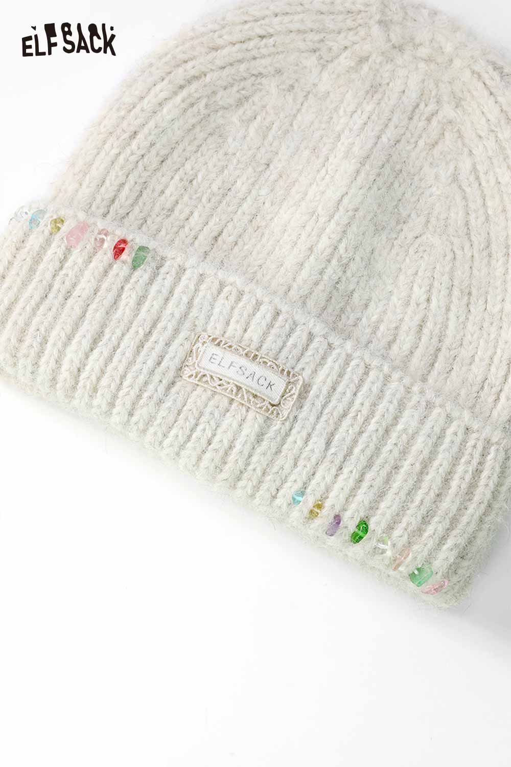 ELFSACK women's solid color beanie in light gray with decorative beads for added style