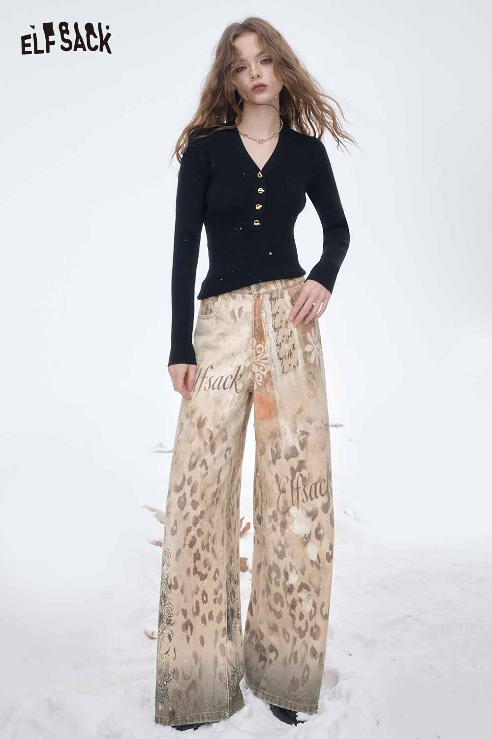 ELFSACK women's wide leg ombre pants in animal print with a relaxed fit for stylish comfort