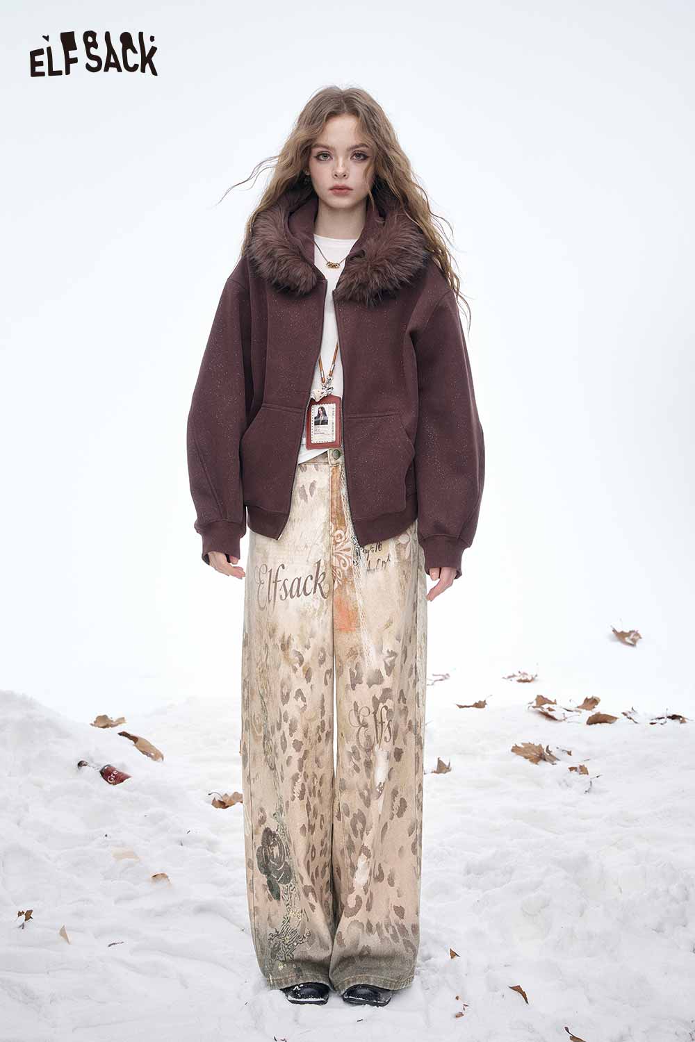 ELFSACK women's wide leg ombre pants in a soft, flowing style, paired with a cozy brown jacket