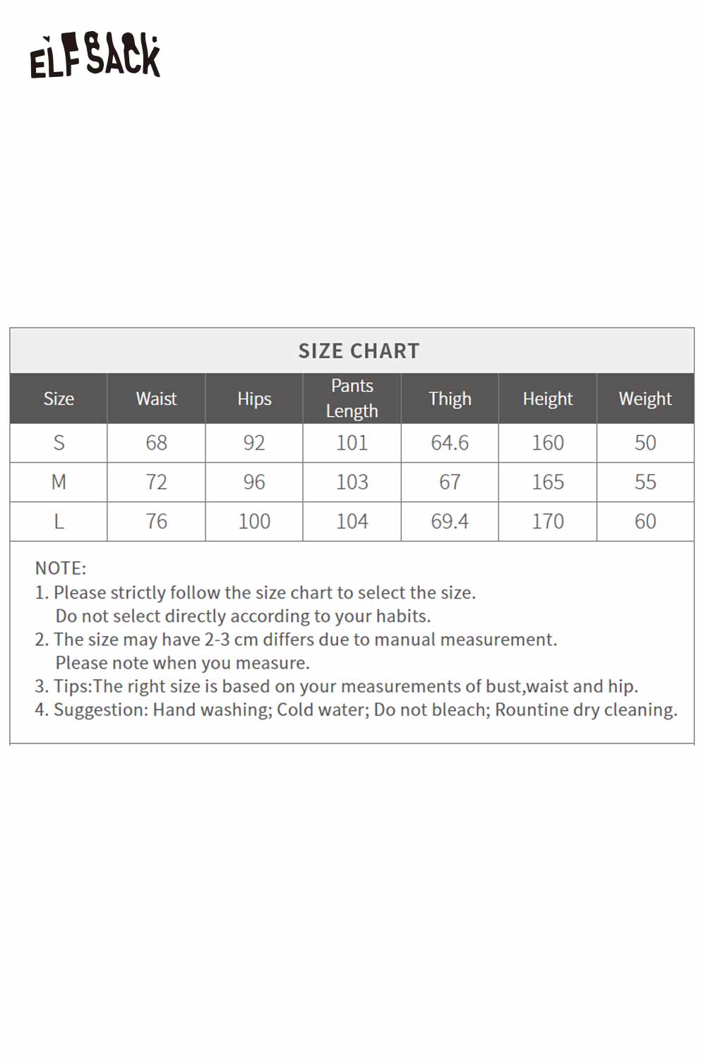 ELFSACK women's wide leg ombre pants size chart with measurements for waist, hips, and inseam