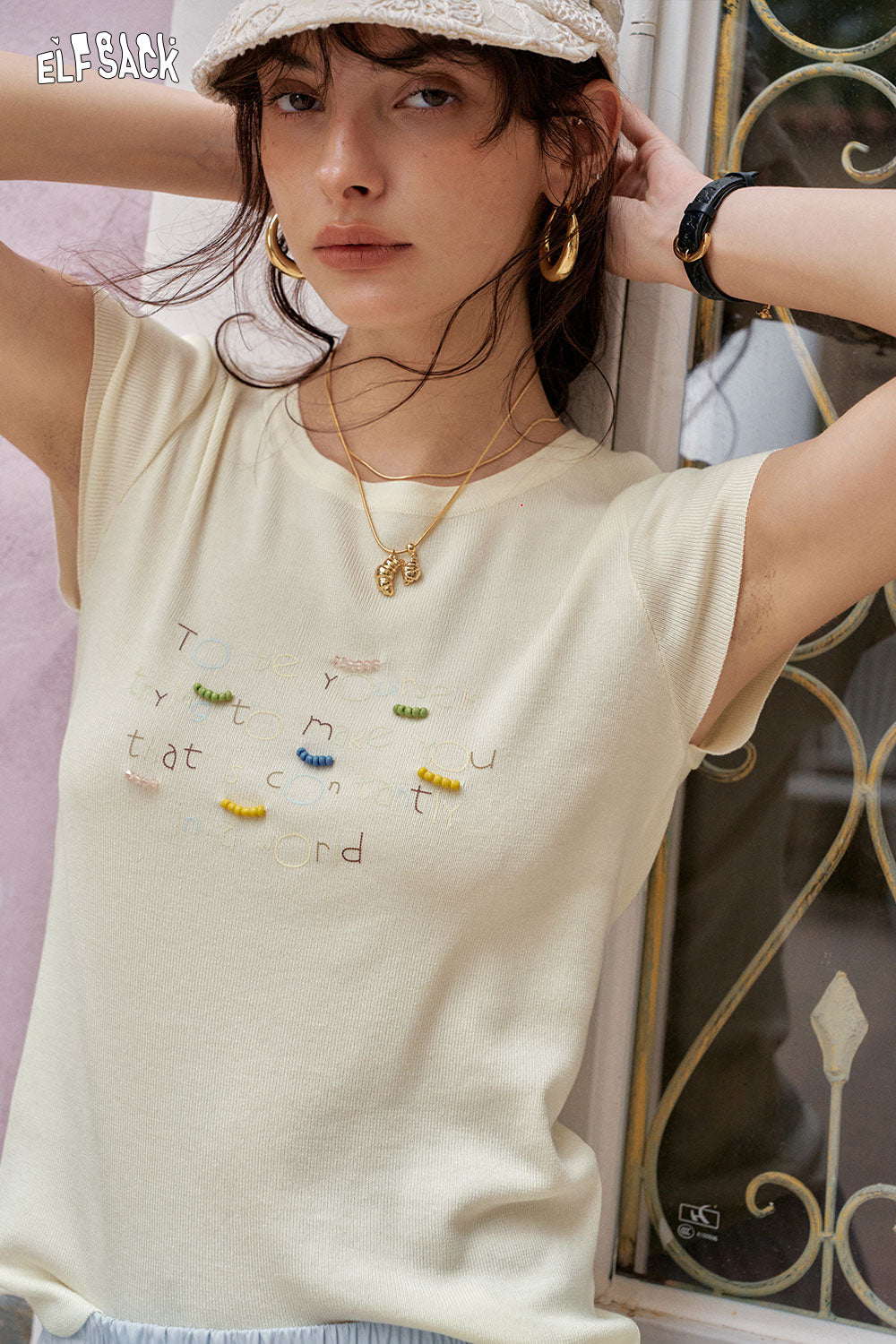 ELFSACK Y2K Dopamine Round Neck Knitted Short Sleeve T-Shirt