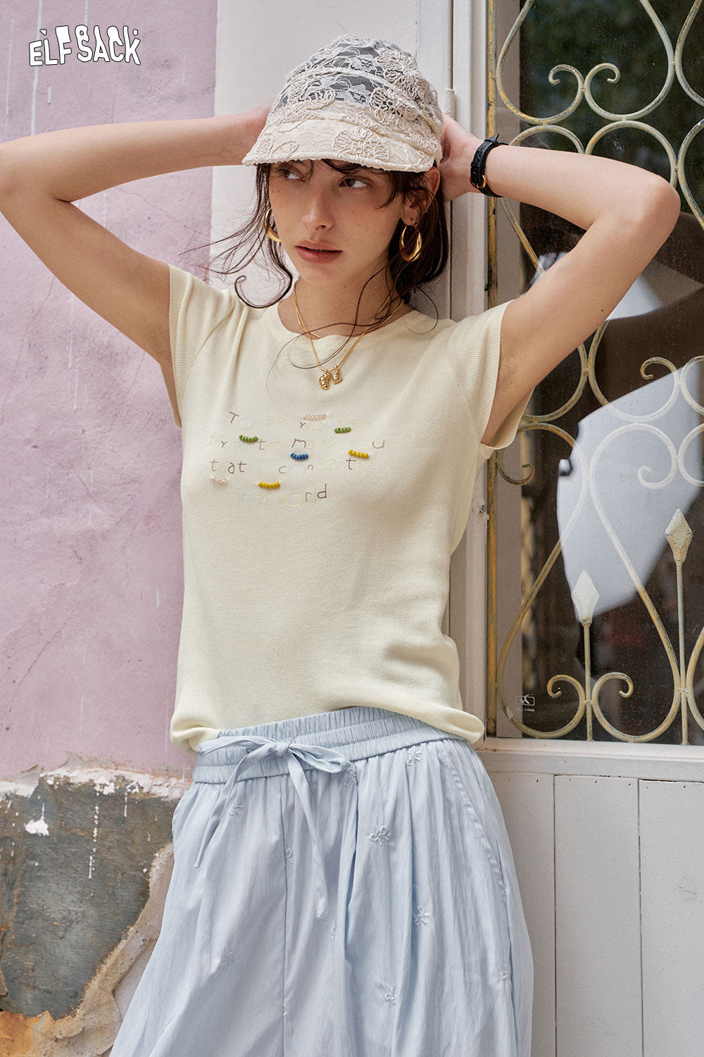 ELFSACK Y2K Dopamine Round Neck Knitted Short Sleeve T-Shirt