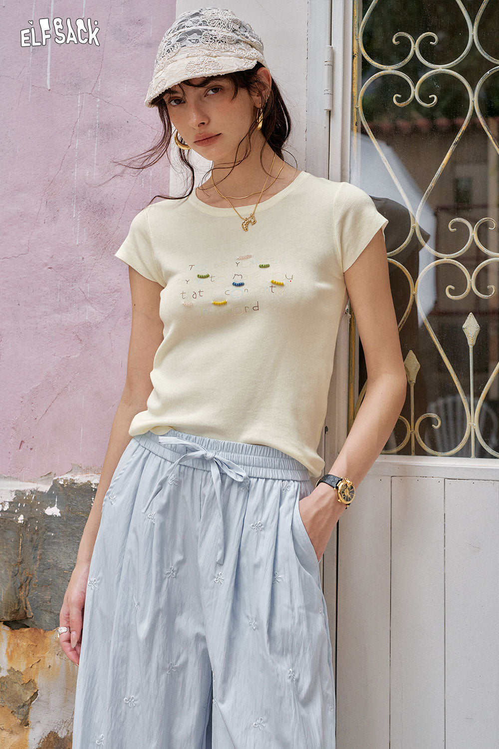 ELFSACK Y2K Dopamine Round Neck Knitted Short Sleeve T-Shirt