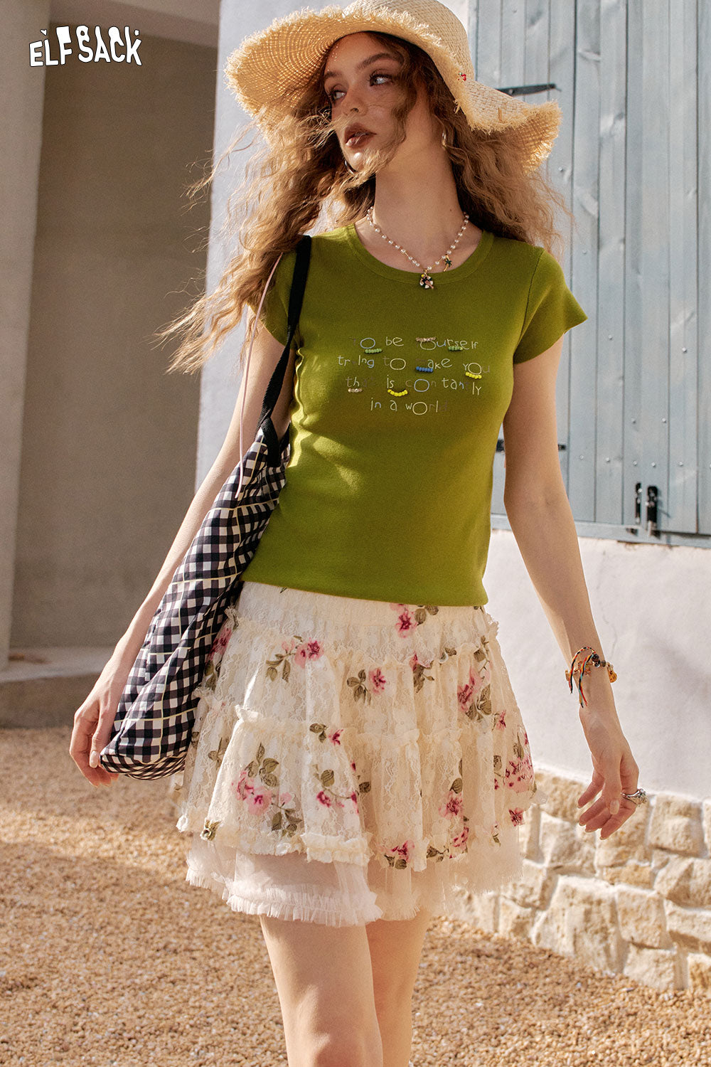 ELFSACK Y2K Dopamine Round Neck Knitted Short Sleeve T-Shirt