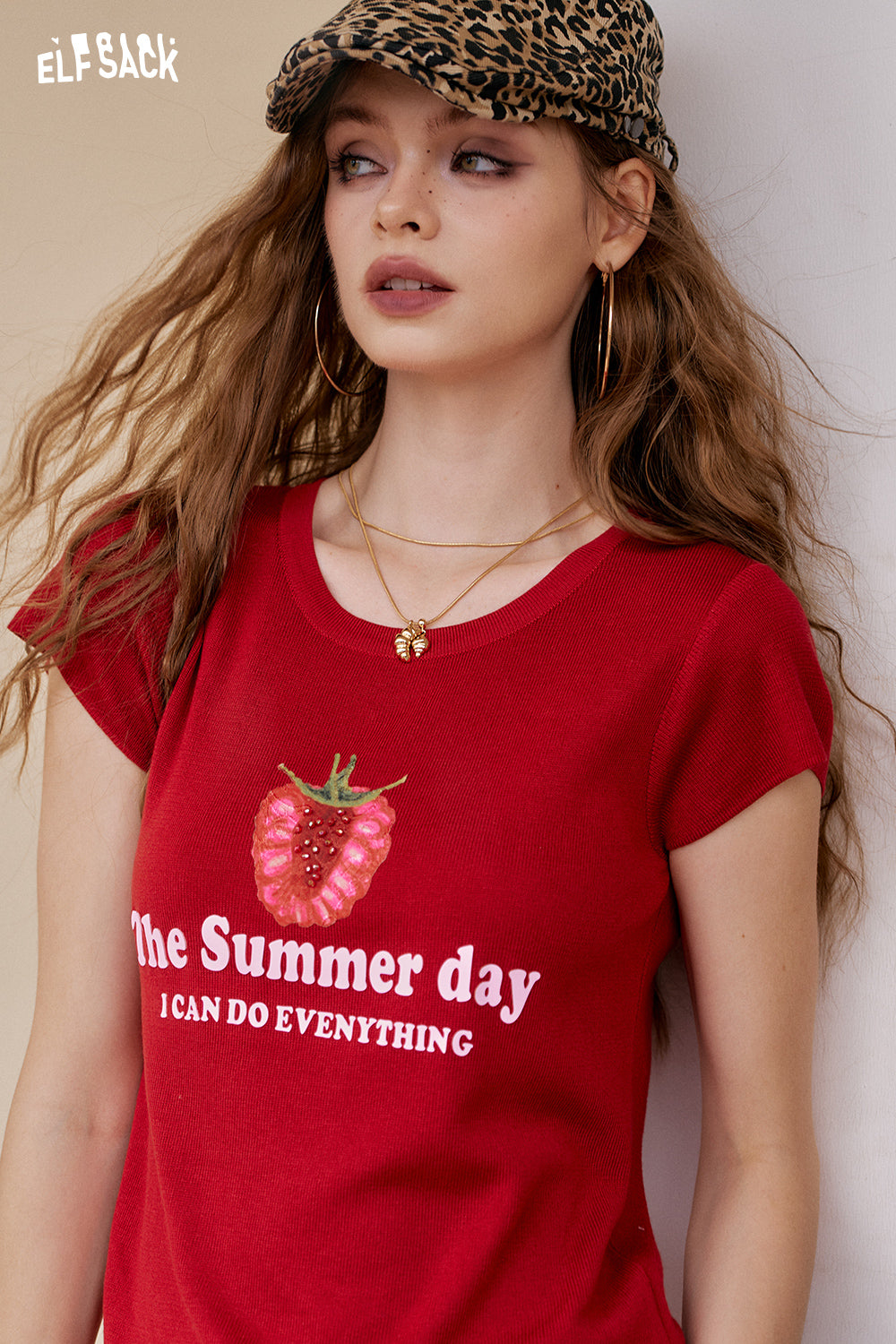 ELFSACK Y2K Strawberry Printed Lightweight Short Sleeve Knitted Sweater