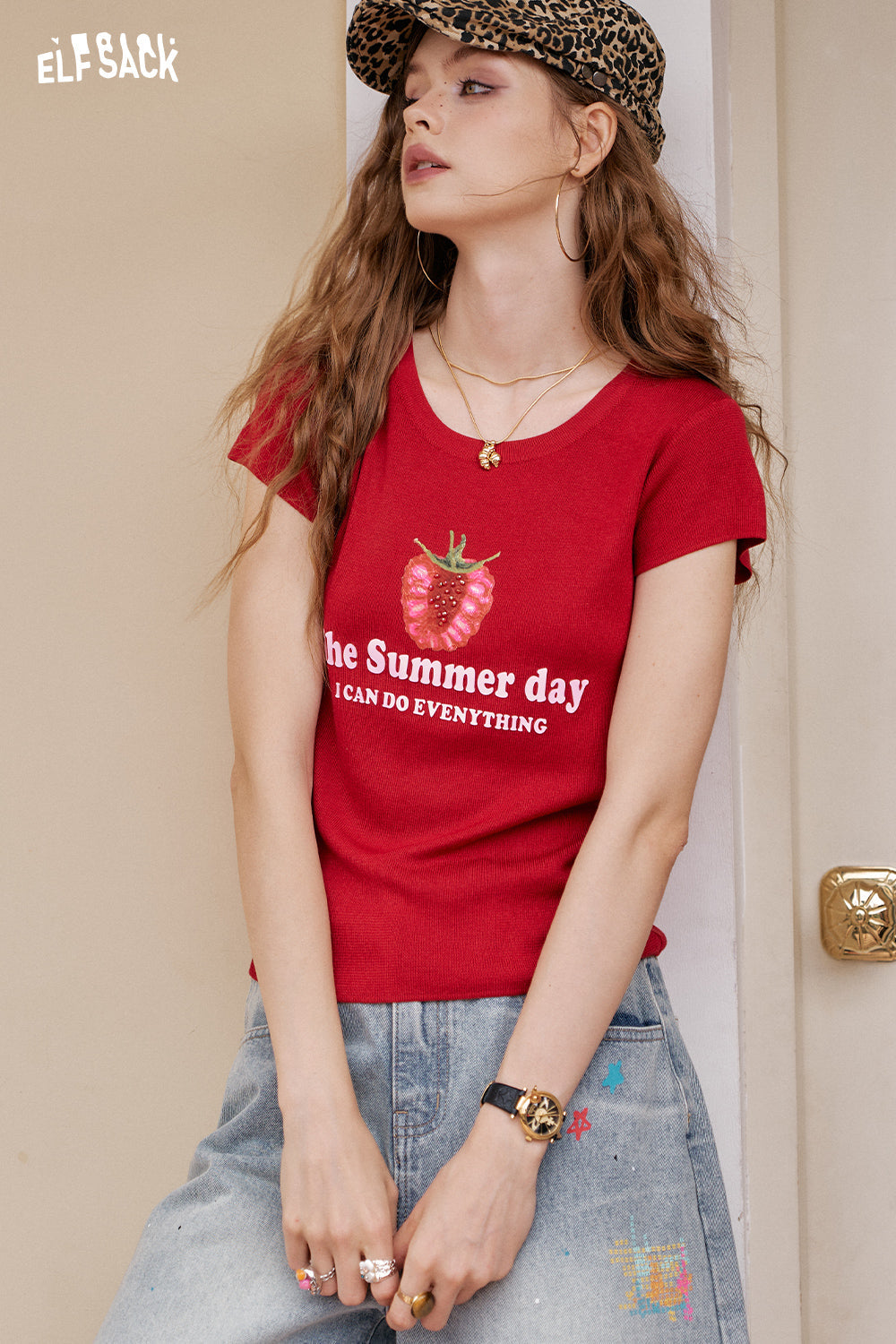 ELFSACK Y2K Strawberry Printed Lightweight Short Sleeve Knitted Sweater