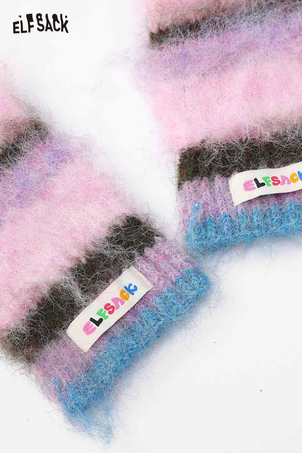 ELFSACK Y2K stripe neck warmer in pastel pink, purple, and blue colors for a trendy winter accessory