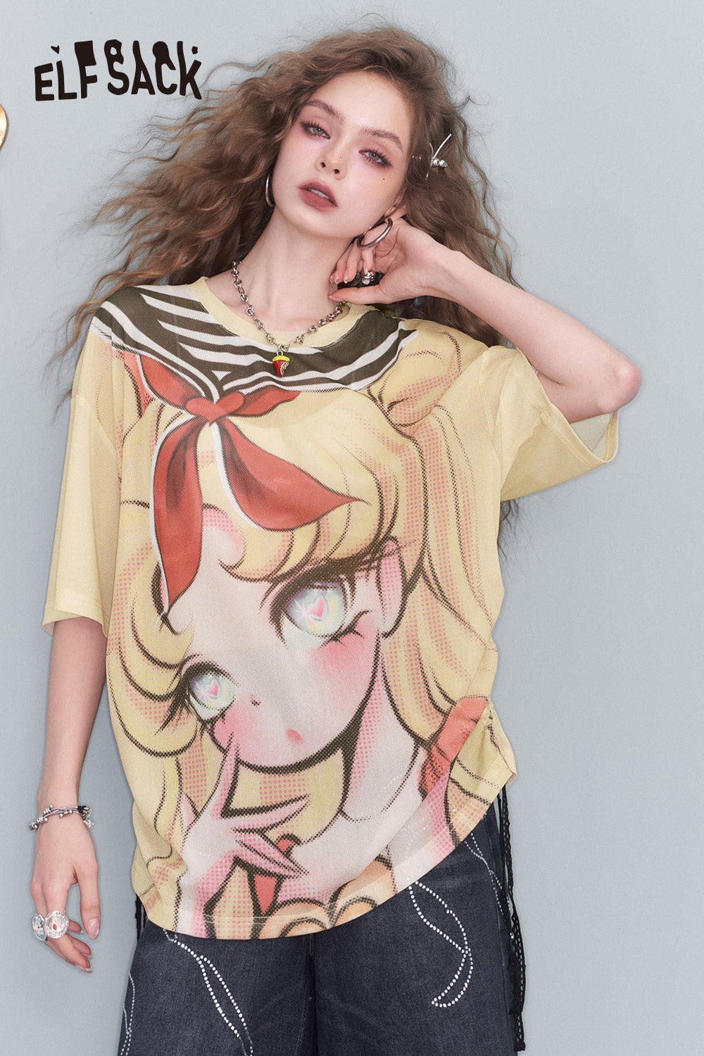 ELFSACK Yellow Animated Printed Drawstring Loose T Shirt