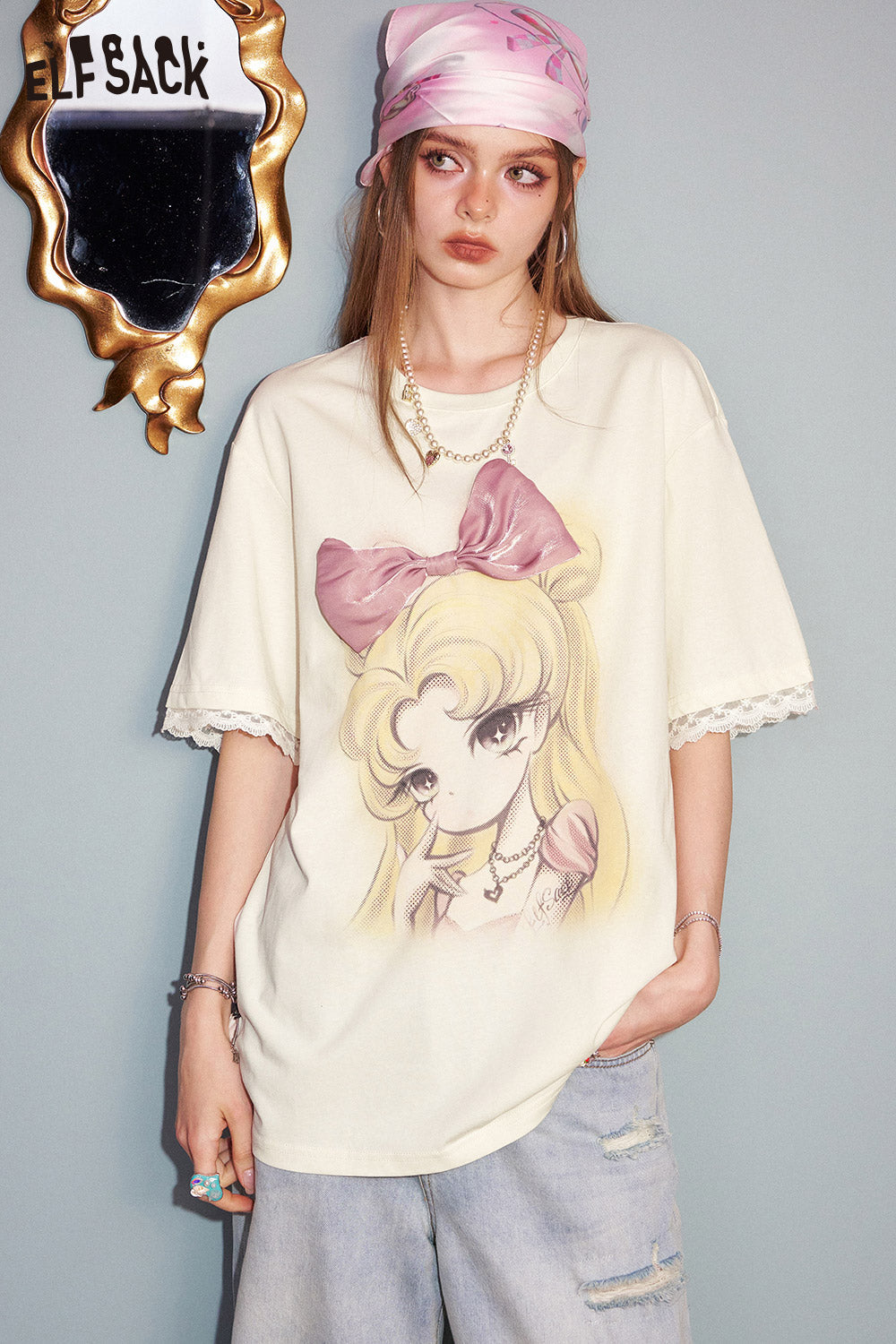 ELFSACK Yellow Lace Patchwork Printed T Shirt