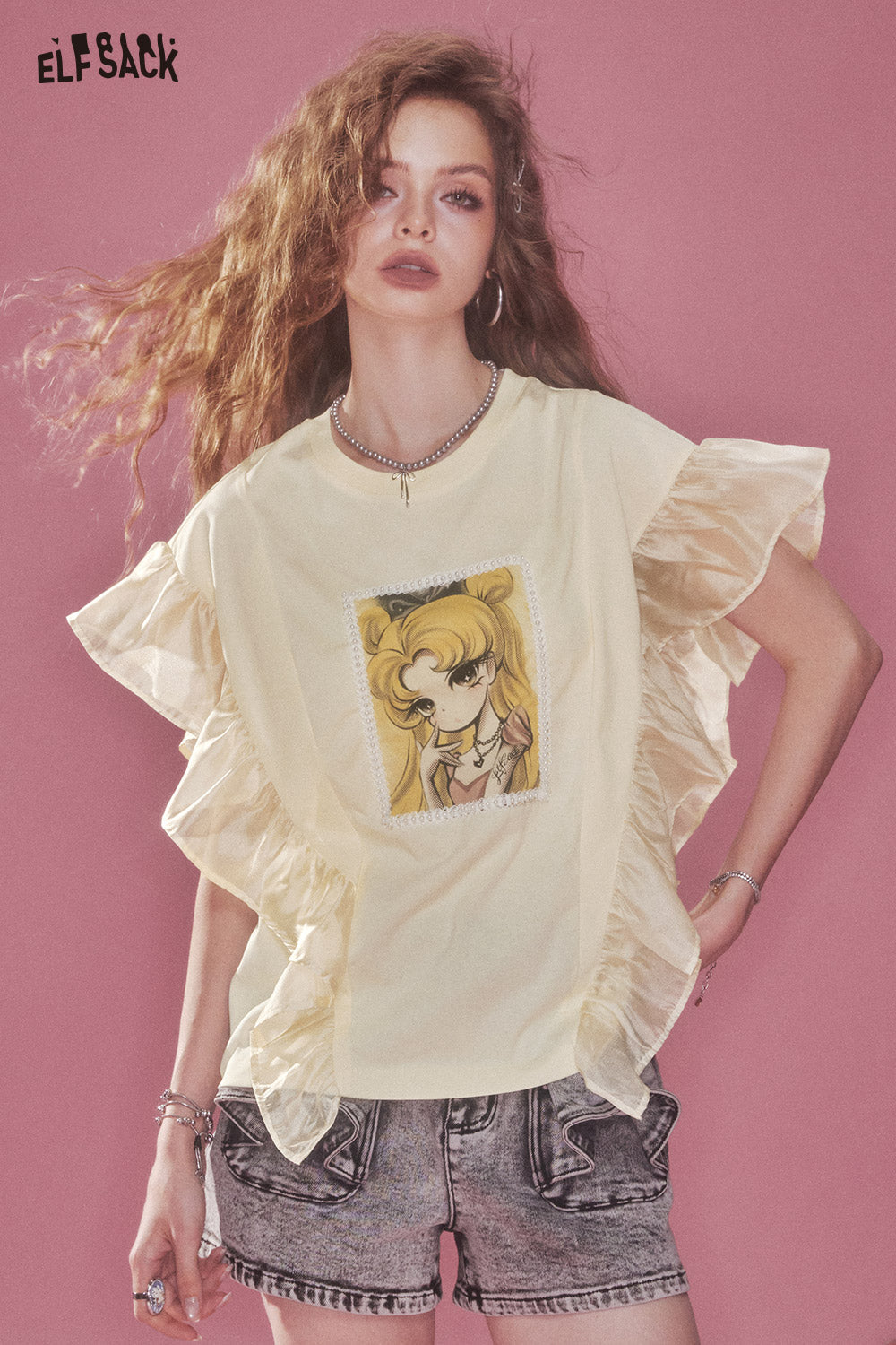 ELFSACK Yellow Printed Ruffle Bat Sleeve T Shirt
