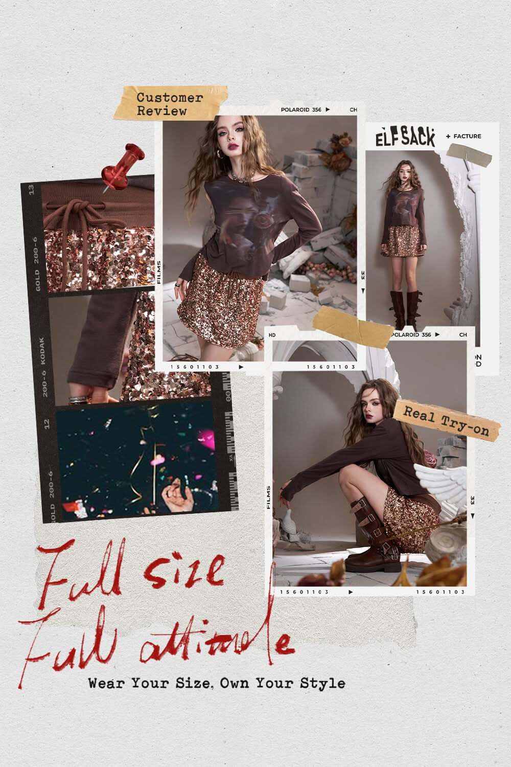 Plus size sequined skirt in shimmering gold, styled with a chic top and knee-high boots