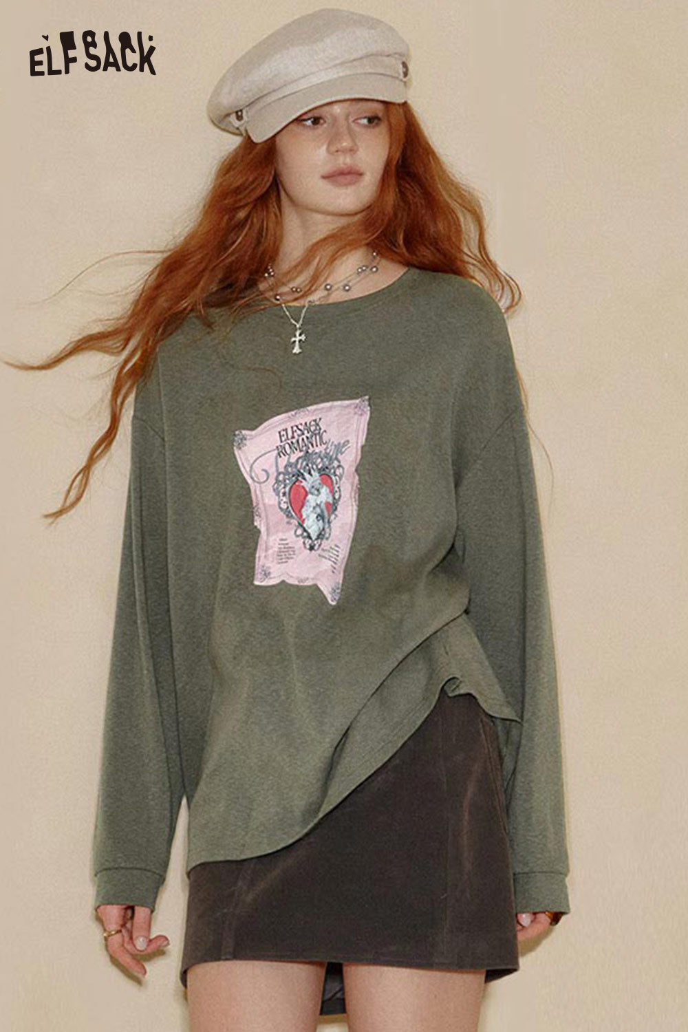 ELFSACK women's graphic print t-shirt in green with unique front design for casual style